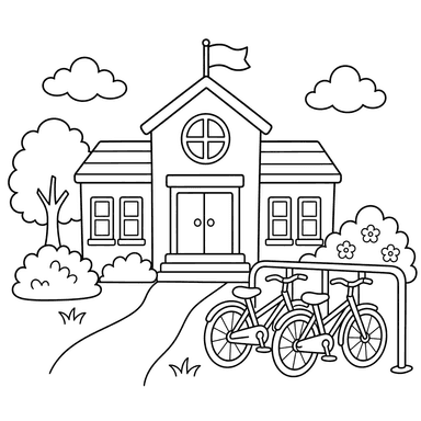 Escuela junto a estacionamiento de bicicletas — Dibujo para colorear