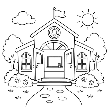Escola com portas abertas — página para colorir