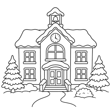 École en hiver avec toit enneigé