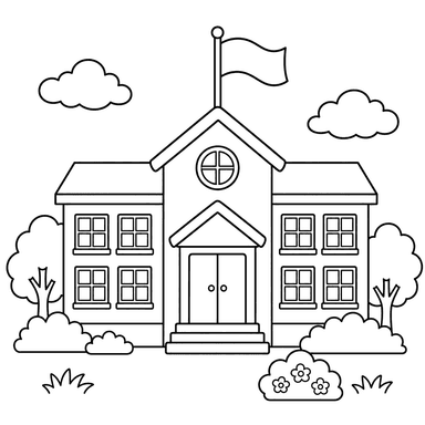 Escola com bandeira — página para colorir