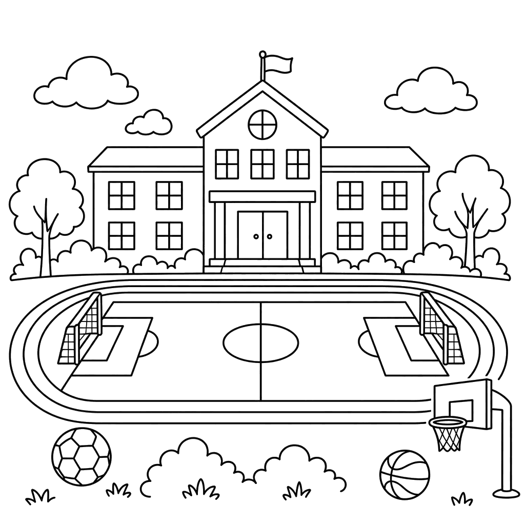 Schule mit großem Sportfeld – Ausmalbild