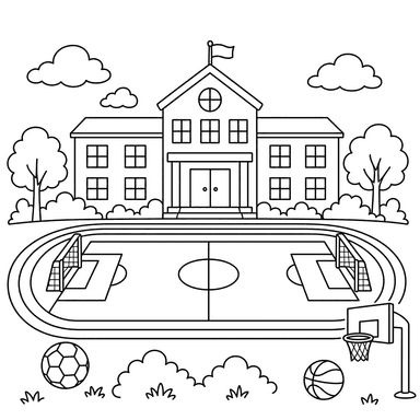 Escola com grande campo esportivo — desenho para colorir