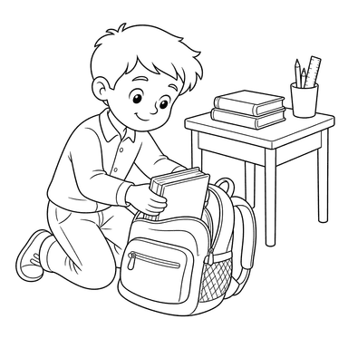 Desenho para colorir: aluno coloca livros na mochila