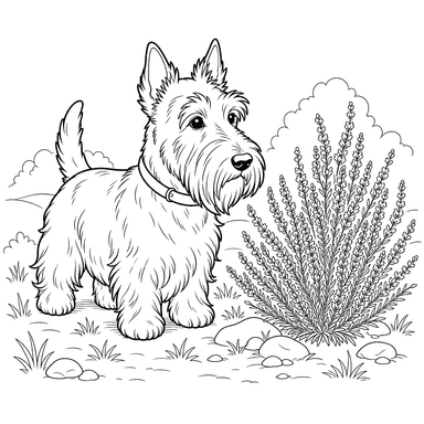 Desenho para colorir: terrier escocês perto de um arbusto de urze
