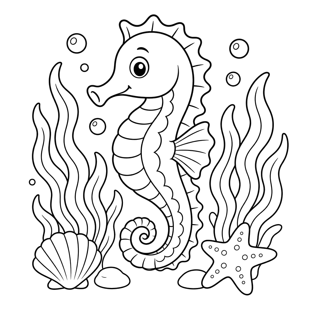 Seepferdchen zwischen Tang — Ausmalbild