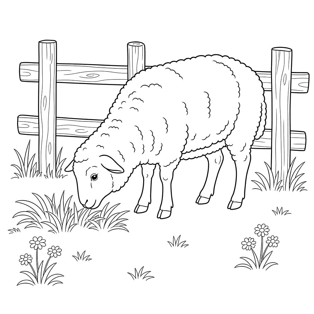 Sheep Eating Grass by the Fence