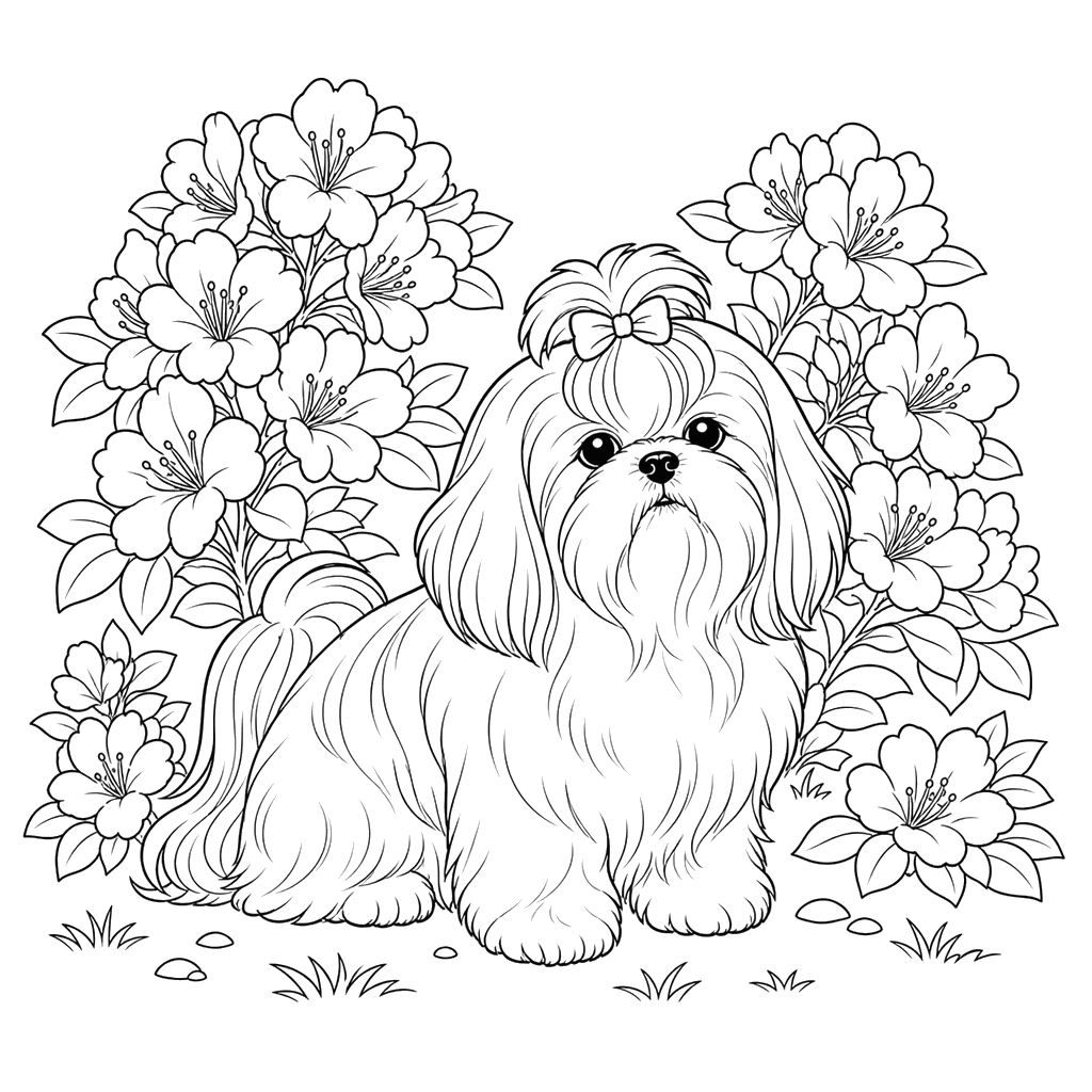 Shih Tzu zwischen blühenden Büschen
