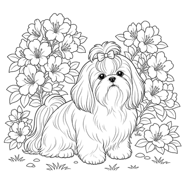 Shih Tzu parmi des buissons fleuris