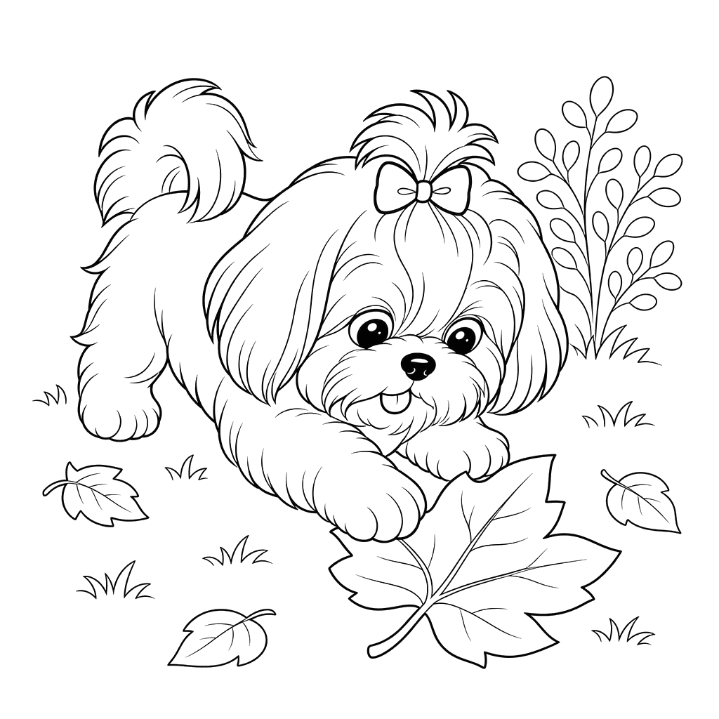 Um Shih Tzu brinca com uma folha — desenho para colorir