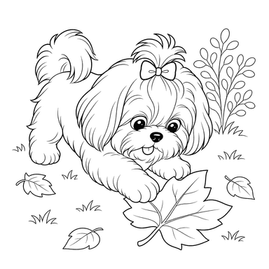 Um Shih Tzu brinca com uma folha — desenho para colorir