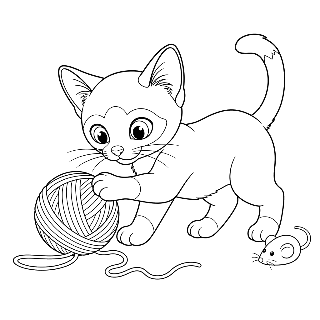 Ausmalbild Siamkatze mit Wollknäuel