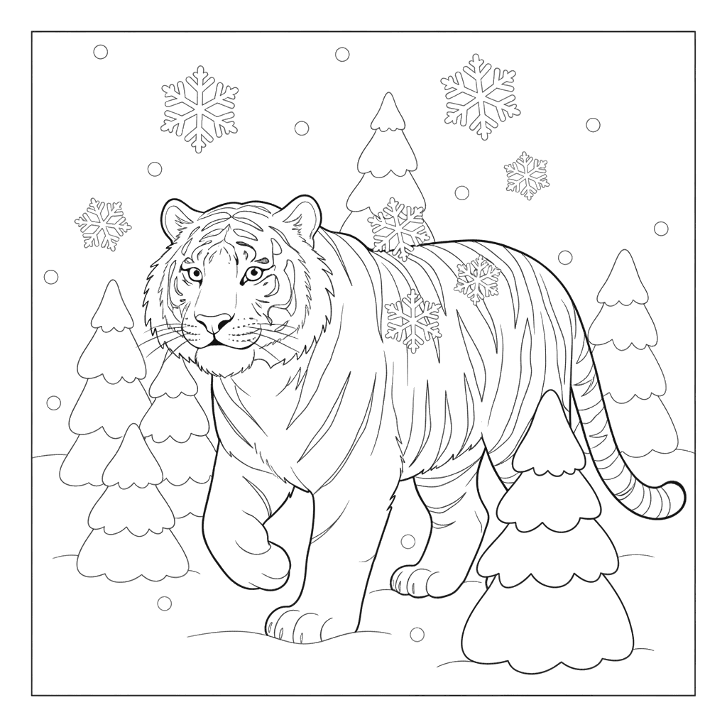 Ausmalbild Sibirischer Tiger im verschneiten Wald