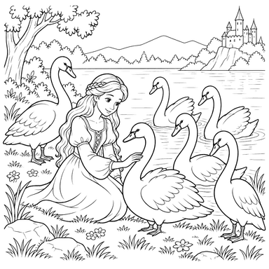 Desenho dos seis cisnes no lago para colorir