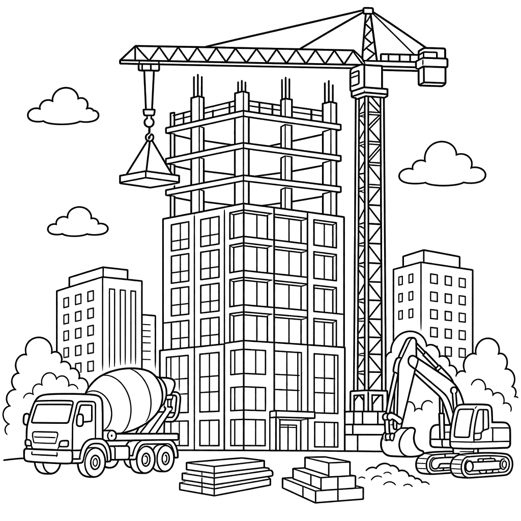 Arranha‑céu em construção — desenho para colorir