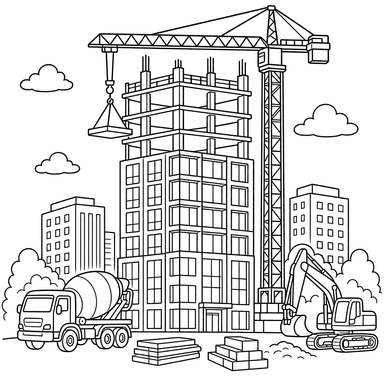 Arranha‑céu em construção — desenho para colorir