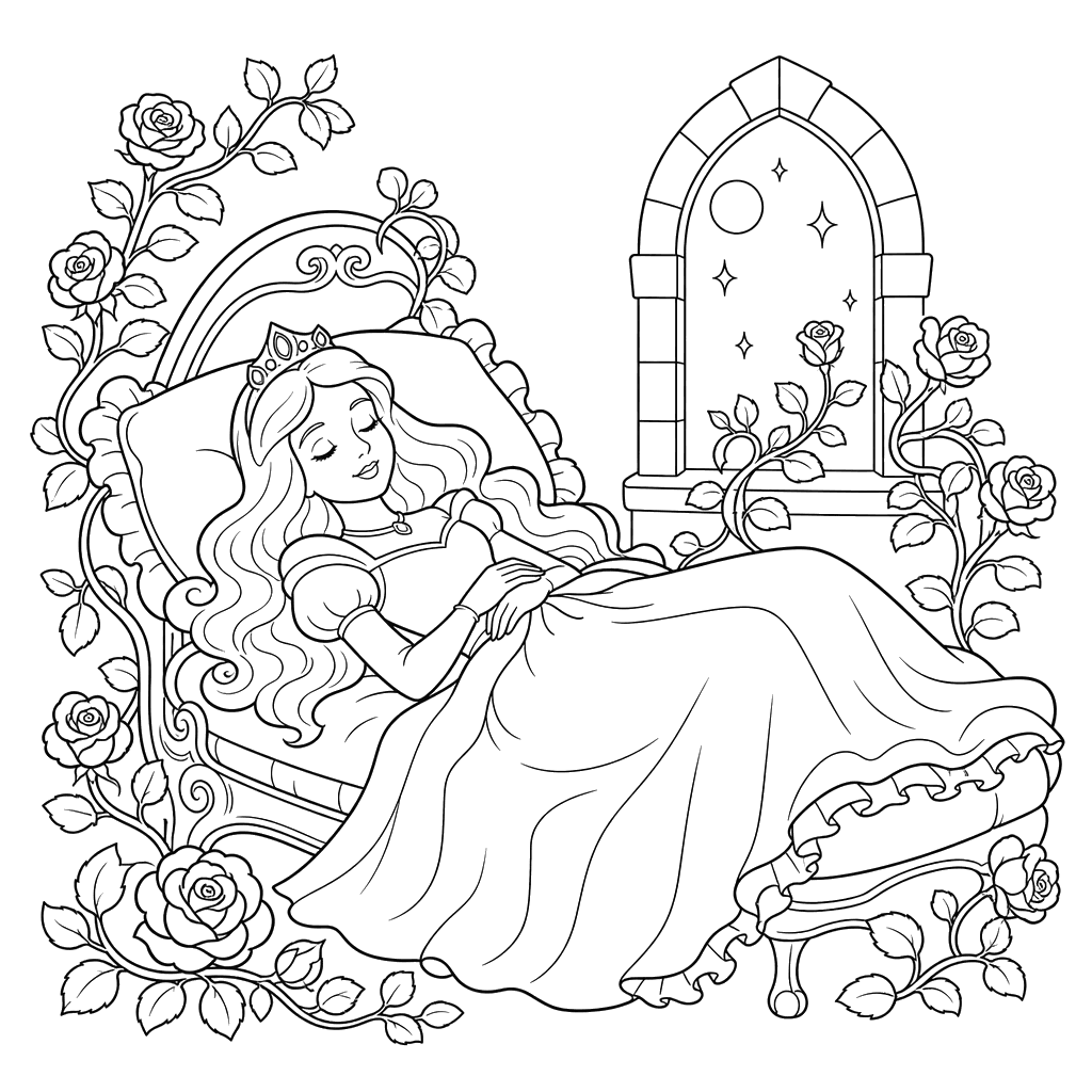 Dibujo para colorear La Bella Durmiente en sueño mágico