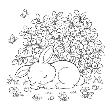 Petit lapin dormant sous un buisson de myrtilles