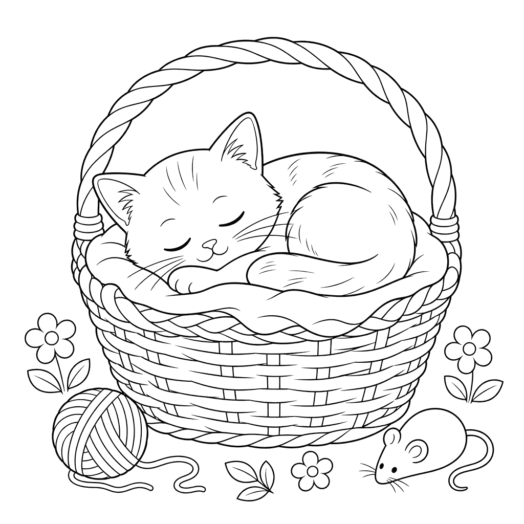 Desenho para colorir: gato dormindo em uma cesta