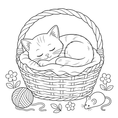 Sleeping Cat in a Basket Coloring Page