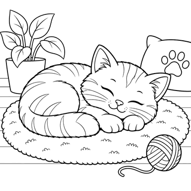 Schlafende Katze auf warmem Teppich Ausmalbild