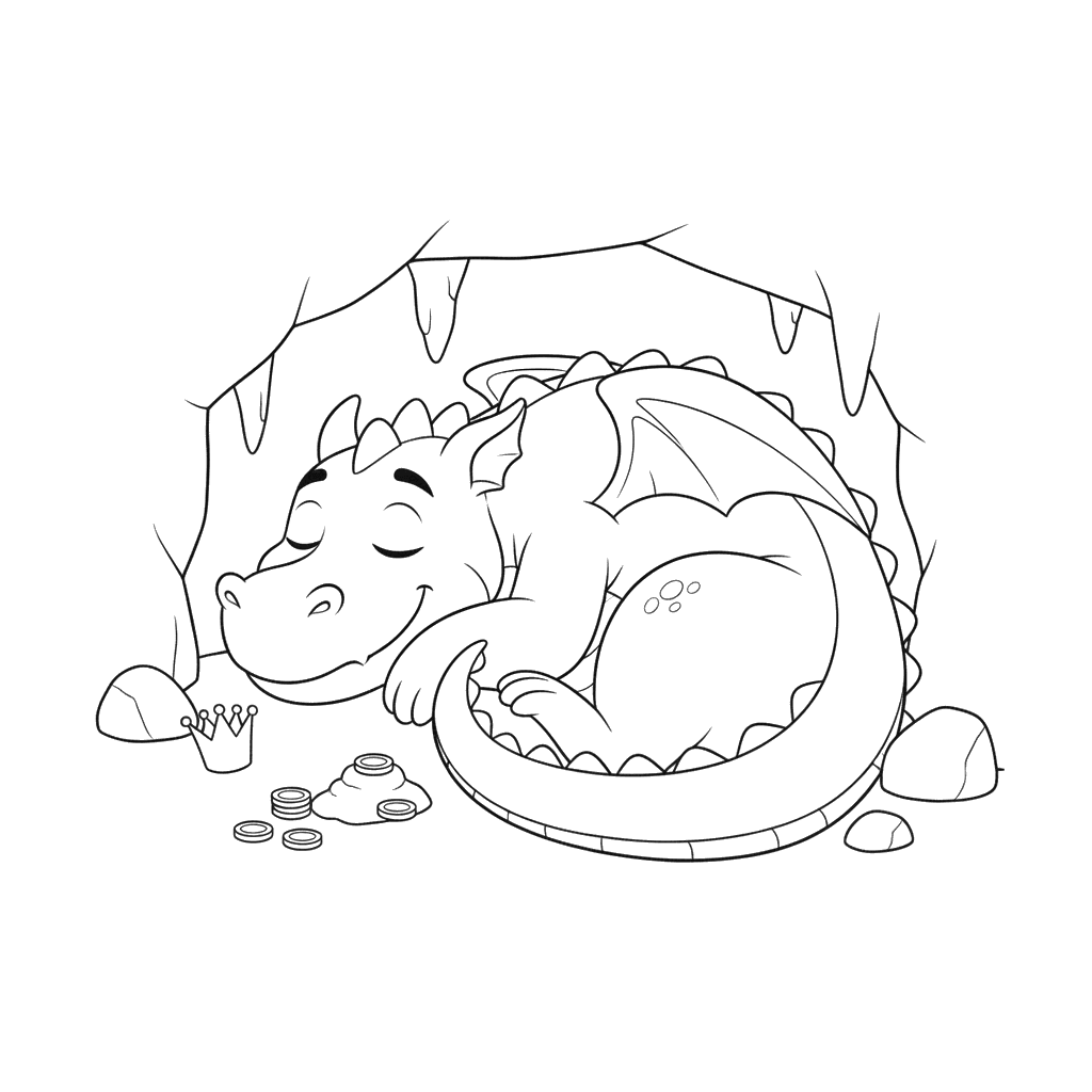 Ausmalbild Schlafender Drache in Höhle