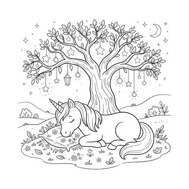 Dibujo para Colorear Unicornio Durmiendo Bajo un Árbol Brillante