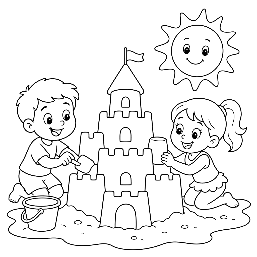 Castelo de areia com sol sorridente para colorir