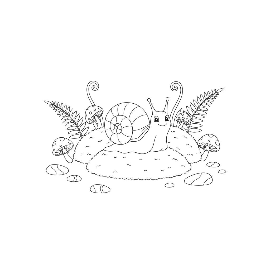 Dibujo para Colorear Caracol entre Musgo para Niños