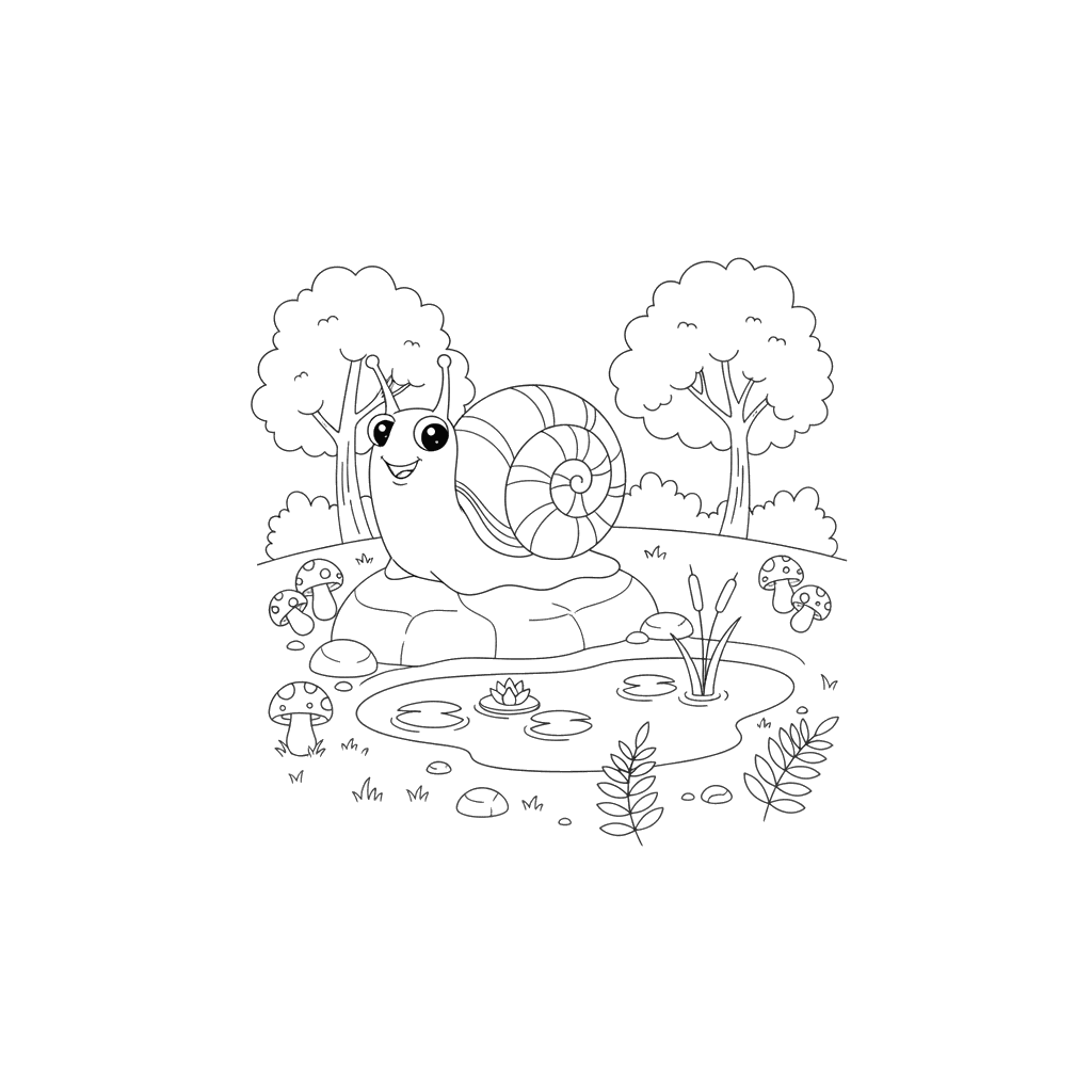 Snail by a Forest Puddle Coloring Page