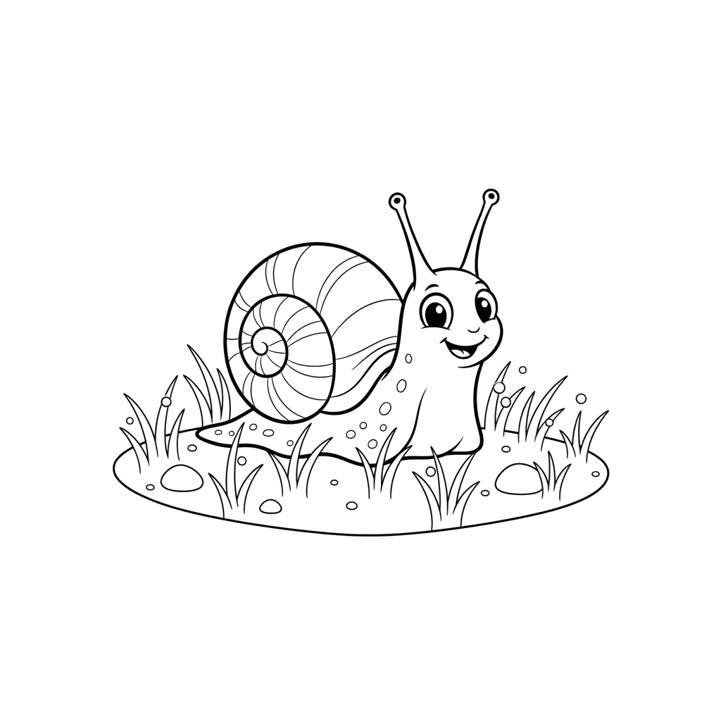 Ausmalbild: Schnecke im Tautropfengras