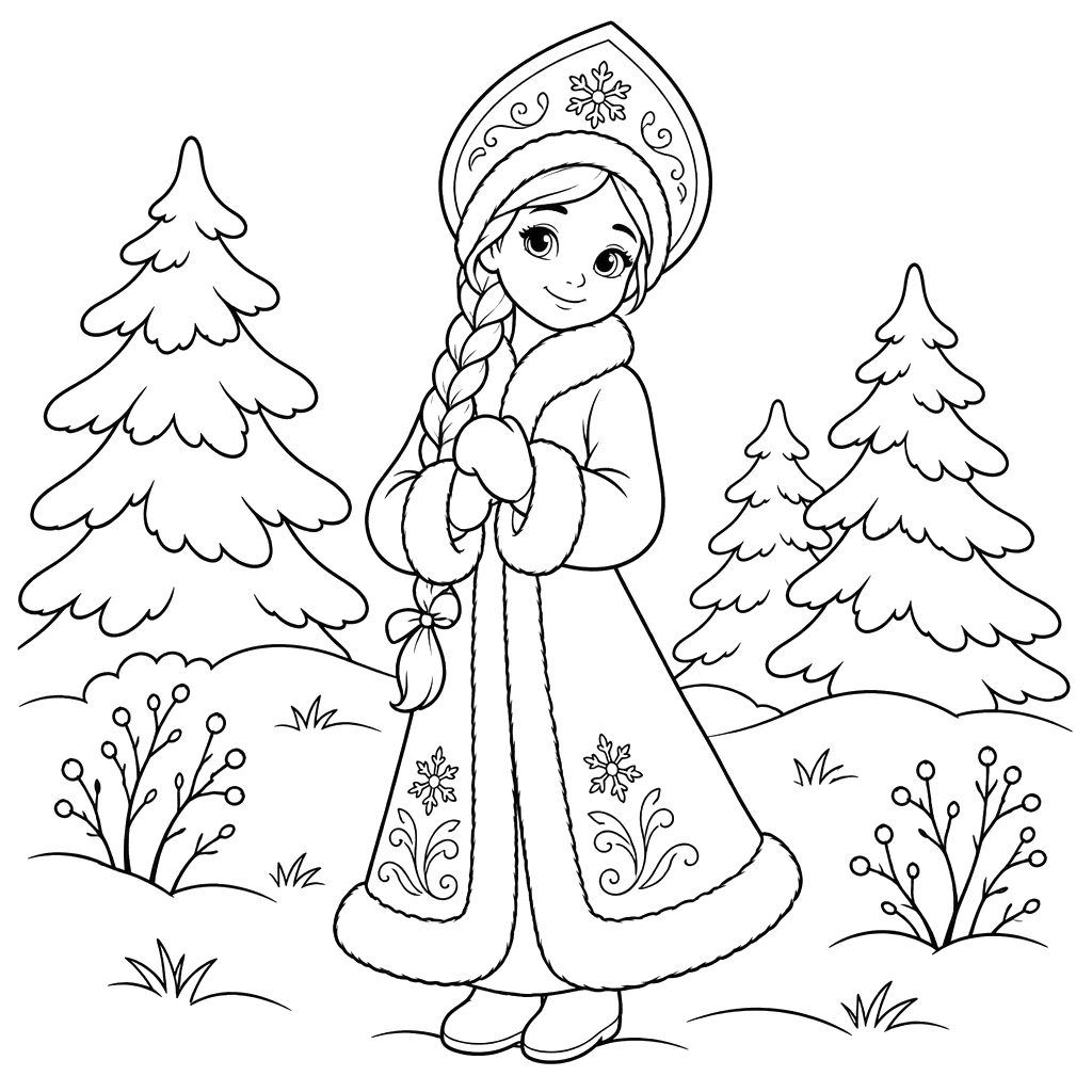Schneemädchen auf der Waldlichtung – Ausmalbild