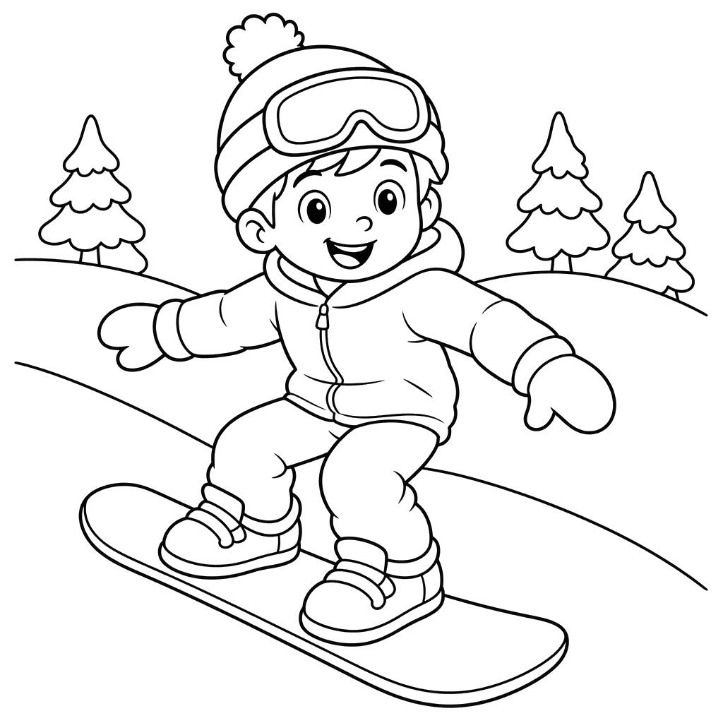 Snowboarder en una pendiente nevada — dibujo para colorear