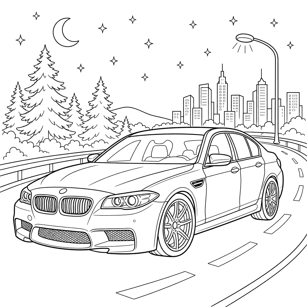 Sports Car on Night Road Coloring Page