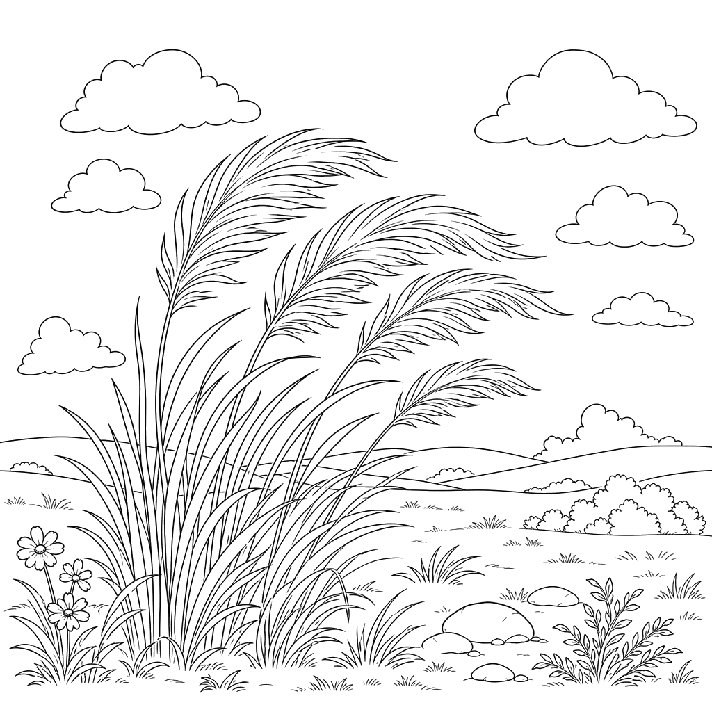 Desenho para colorir: paisagem da estepe com grama penacho ao vento