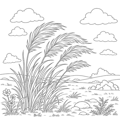 Desenho para colorir: paisagem da estepe com grama penacho ao vento