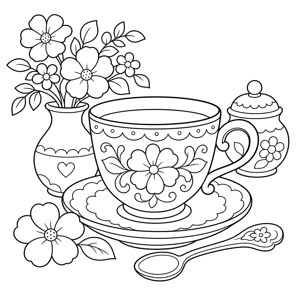 Stilleben mit Tasse und Untertasse – Ausmalbild