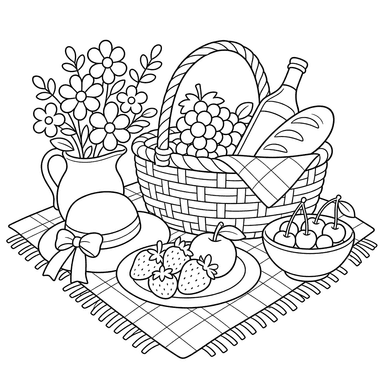 Natureza morta na manta de piquenique — desenho para colorir