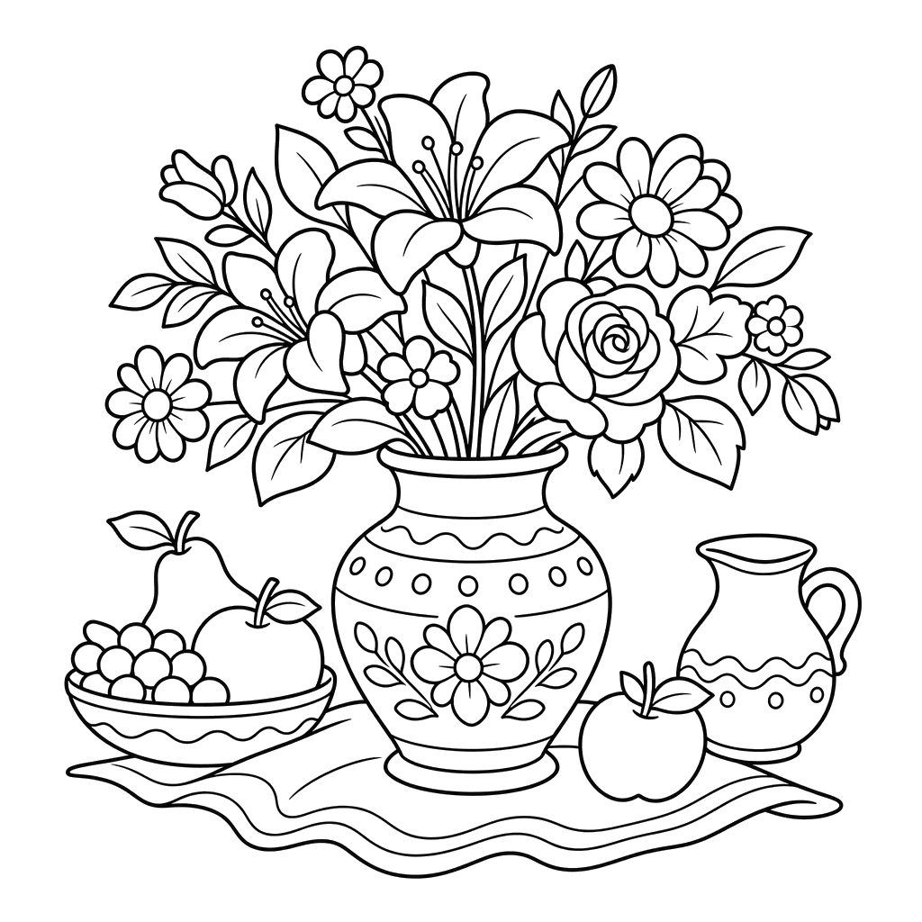 Bodegón: jarrón con flores — dibujo para colorear