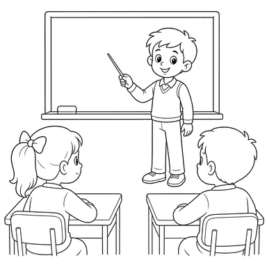 Aluno respondendo na lousa — desenho para colorir