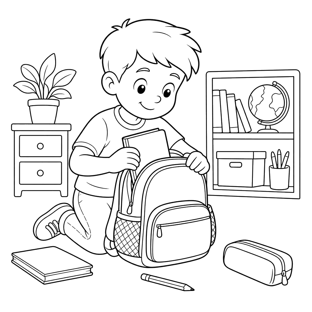 Desenho para colorir: aluno prepara sua mochila antes da aula