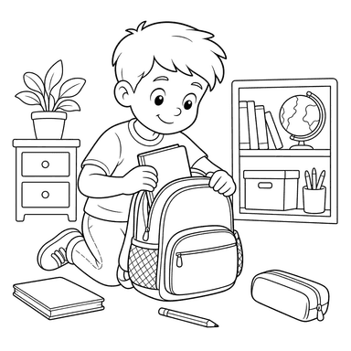 Desenho para colorir: aluno prepara sua mochila antes da aula