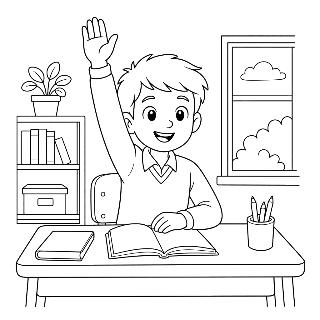 Desenho para colorir: Aluno levanta a mão na aula