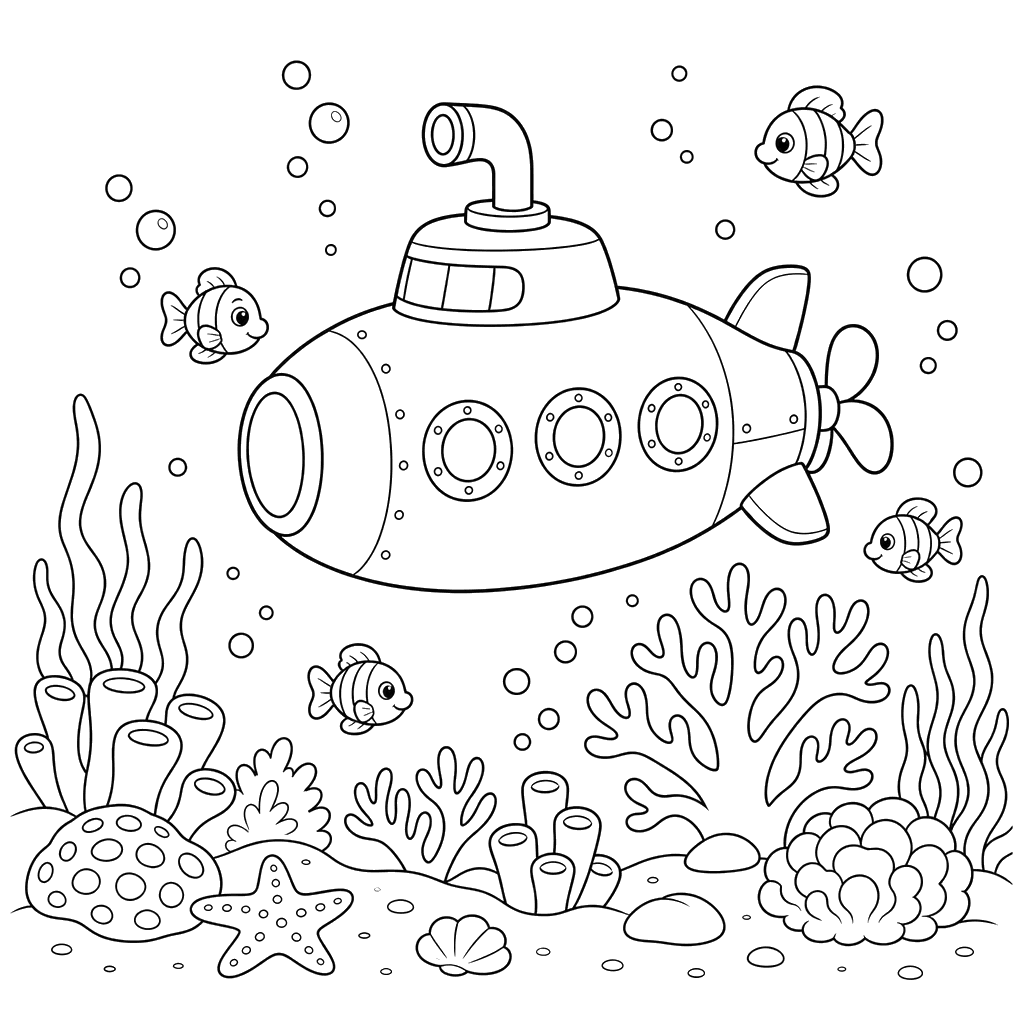 Dibujo para colorear de Submarino y Corales