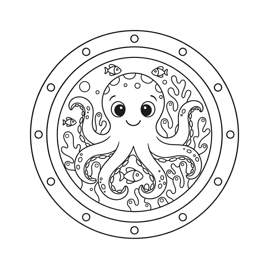 Ausmalbild U-Boot-Fenster: Oktopus & Korallen