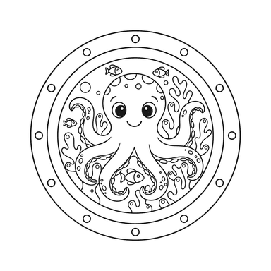 Ausmalbild U-Boot-Fenster: Oktopus & Korallen