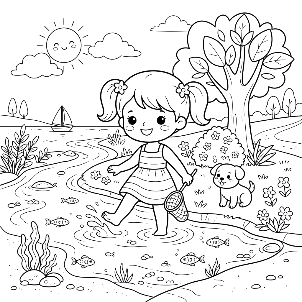 Chibi Sommer am Sauberen Fluss Ausmalbild