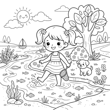 Coloriage Chibi Été au Bord de la Rivière Propre