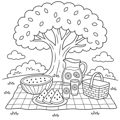 Sommer-Picknick mit Wassermelone und Limonade – Ausmalbild