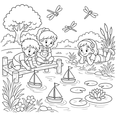 Bateaux jouets et libellules à l’étang d’été