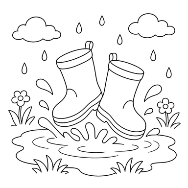 Saltar en charcos de verano con botas – dibujo para colorear